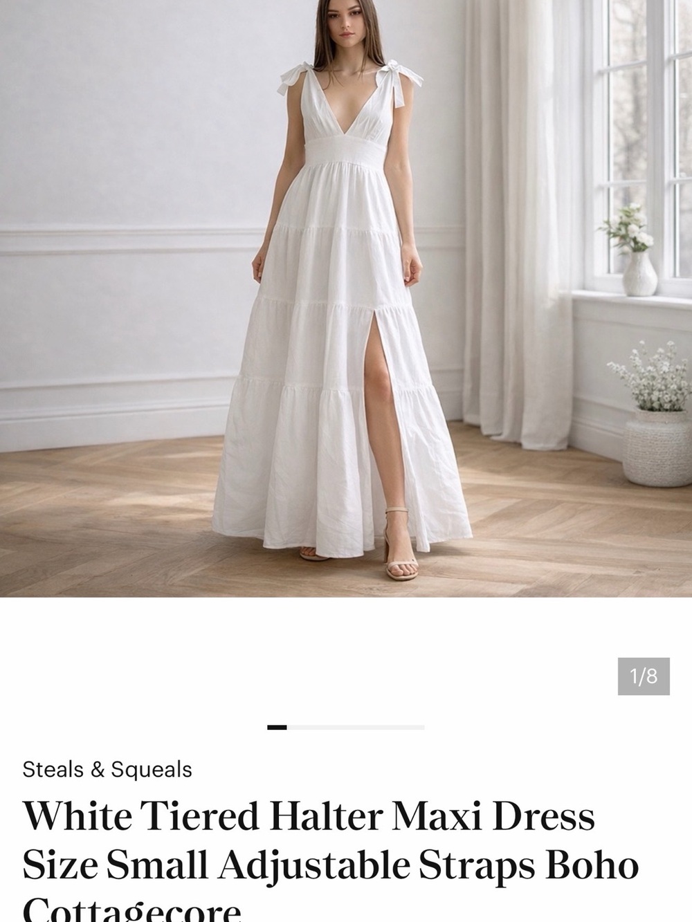 White Tiered Halter Maxi Dress Small Adjustable Straps Boho Cottagecore - Picture 5 of 6